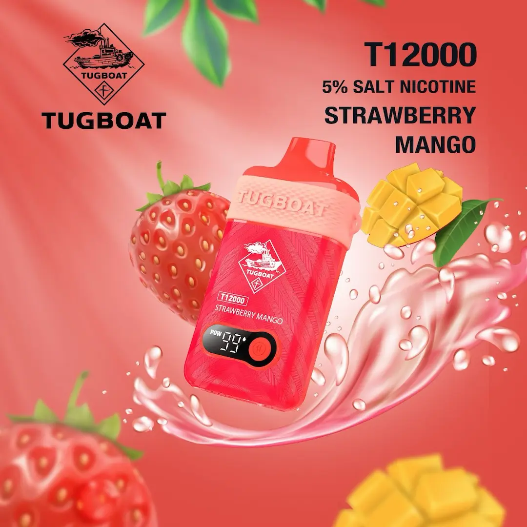 TUGBOAT T12000 Strawberry Mango disposable vape with tropical fruit flavors.